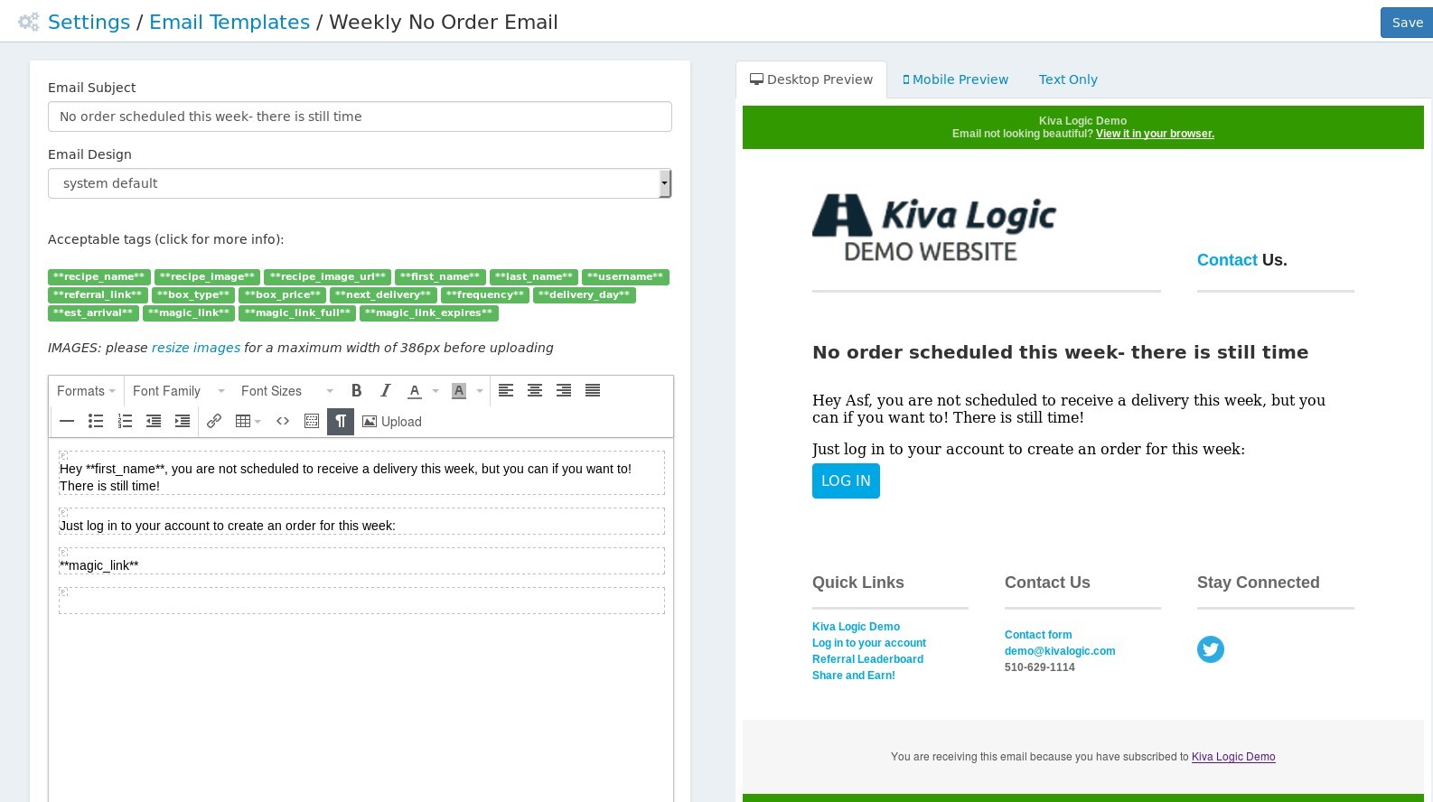 Weekly no order email template
