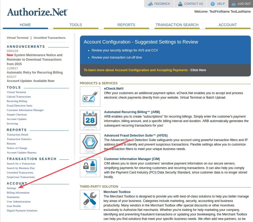 Authorize.net Settings