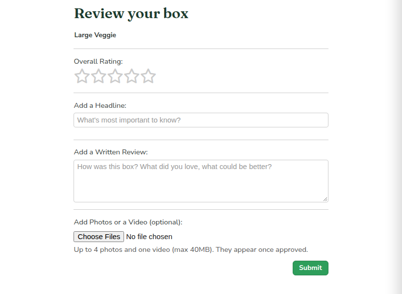The customer review form with a photo and video uploader
