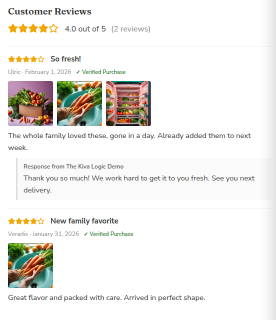 A customer review with a photo gallery and a store reply