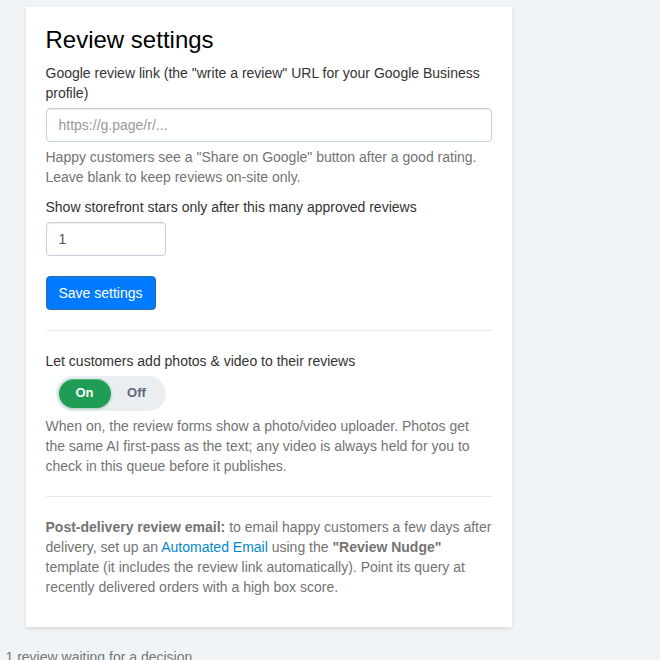 The review settings panel with toggles